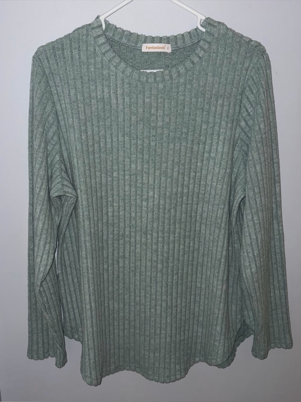 Fantaslook Sage Green Ribbed Knit Long Sleeve Top - Size XL